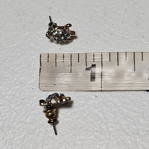 Gem Turtle Gold Tone Stud Earrings Purple Blue Clear Rhinestone Tortoise Jewelry - Picture 6 of 6